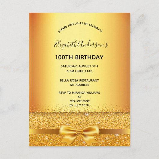 100e anniversaire fête or métal invitation (Devant)