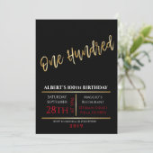 100e anniversaire Gold Black Party Invitation (Debout devant)