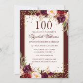100e anniversaire Gold Bourgogne Floral Invitation (Devant)