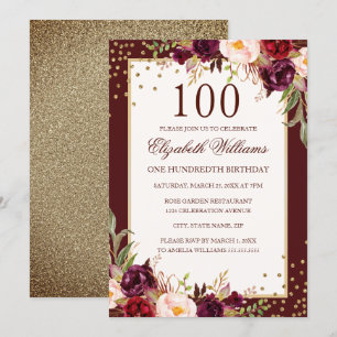 100e anniversaire Gold Bourgogne Floral Invitation