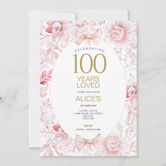 100e anniversaire Invitation femmes rose toile flo (Devant)