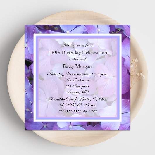 100e anniversaire Invitation fête Purple Hydrangea