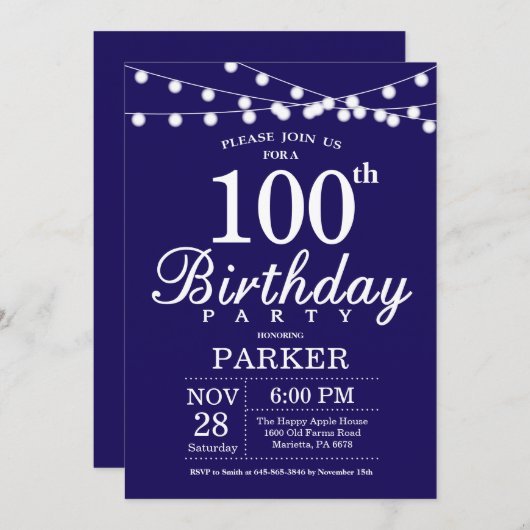 100e anniversaire Invitation Marine Bleu (Devant / Derrière)