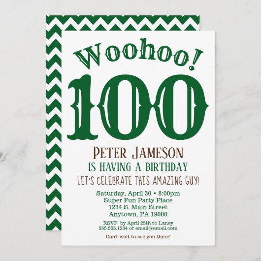 100e anniversaire Invitation Mens Vert Brown (Devant / Derrière)
