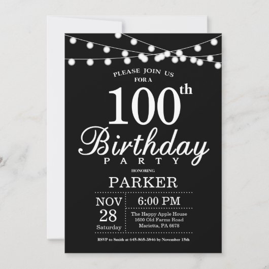 100e anniversaire Invitation noir et blanc (Devant)