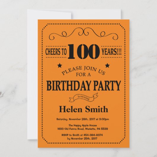 100e anniversaire Invitation Noir et orange (Devant)