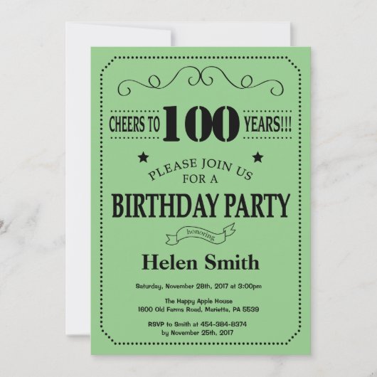 100e anniversaire Invitation Noir et Vert (Devant)