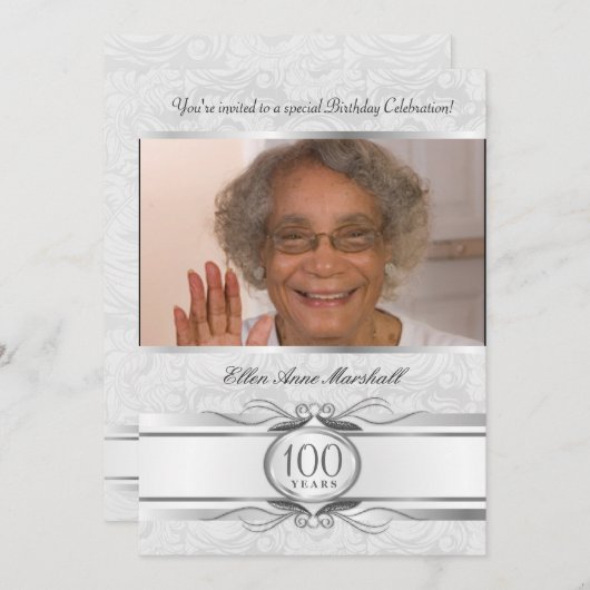 100e anniversaire - Invitation photo Silver Damask (Devant / Derrière)