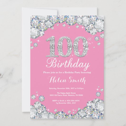 100e anniversaire Invitation rose et diamant d'arg (Devant)