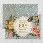 100e anniversaire Invitation Roses Floral Birds Bl (Devant / Derrière)