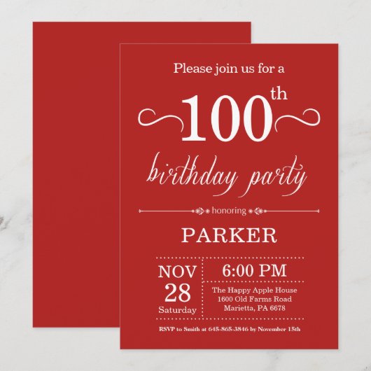 100e anniversaire Invitation Rouge (Devant / Derrière)