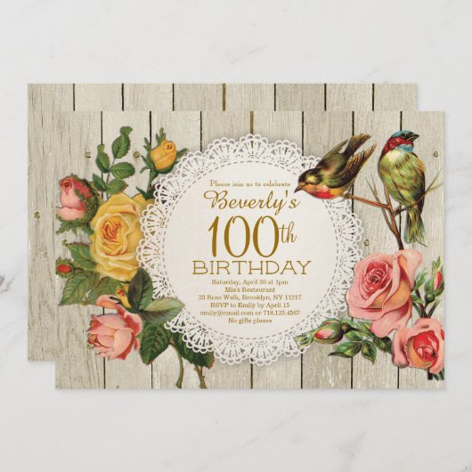 100e anniversaire Invitation Rustique Rose Floral (Devant / Derrière)