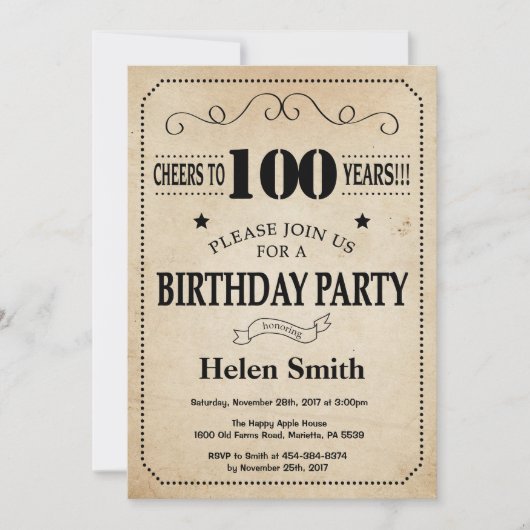 100e anniversaire Invitation Rustique Vintage Retr (Devant)