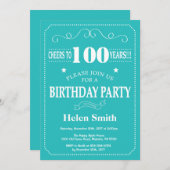 100e anniversaire Invitation Turquoise et blanc (Devant / Derrière)