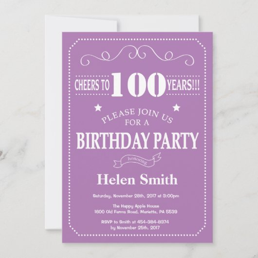 100e anniversaire Invitation violet et blanc (Devant)