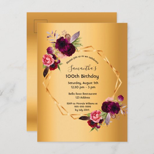 100e anniversaire or bouillon bordeaux invitation (Devant / Derrière)