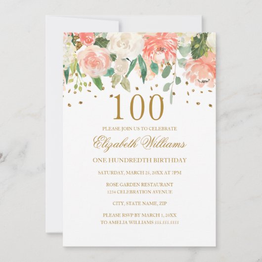 100e anniversaire Peach Gold Floral Invitation (Devant)