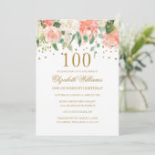 100e anniversaire Peach Gold Floral Invitation (Debout devant)