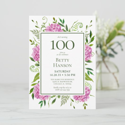 100e Anniversaire Pink Hydrangeas Demande de carte (Debout devant)