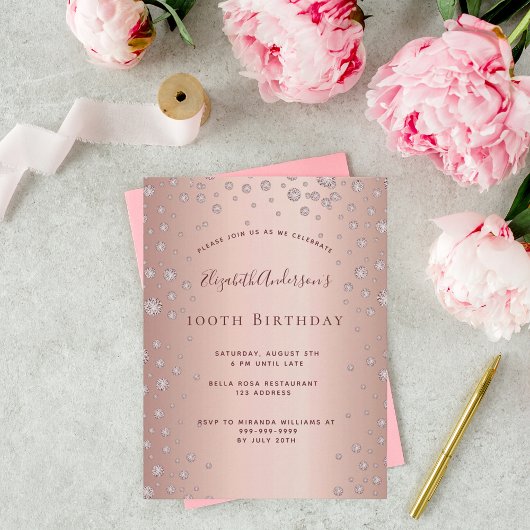 100e anniversaire rose or diamant invitation