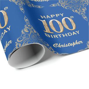 100e Birthday Blue en Gold Glitter Lijst Cadeaupapier