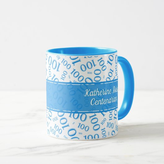 100e Birthday Blue & White Random Number Pattern Mok (Voorkant rechts)