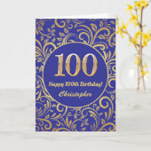 100e Birthday Navy Blue en Gold Floral Pattern Kaart (Gele Bloem)