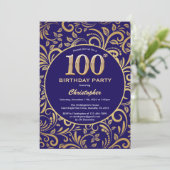 100e Birthday Navy Blue en Gold Floral Pattern Kaart (Staand voorkant)