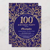 100e Birthday Navy Blue en Gold Floral Pattern Kaart (Voorkant / Achterkant)