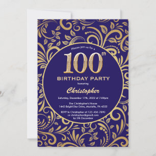 100e Birthday Navy Blue en Gold Floral Pattern Kaart