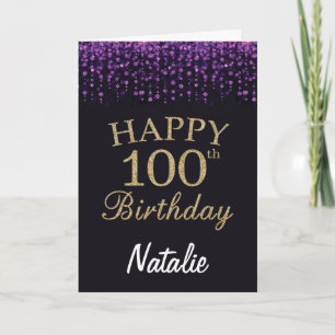 100e Birthday Paars Black en Gold Glitter Card Kaart