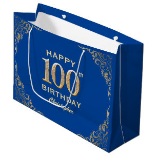 100e Birthday Party Blue en Gold Glitter Lijst Groot Cadeauzakje