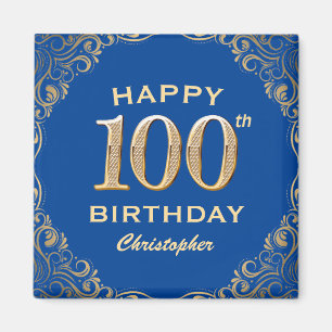 100e Birthday Party Blue en Gold Glitter Lijst Magneet