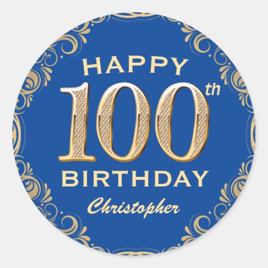 100e Birthday Party Blue en Gold Glitter Lijst Ronde Sticker (Voorkant)