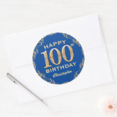 100e Birthday Party Blue en Gold Glitter Lijst Ronde Sticker (Envelop)