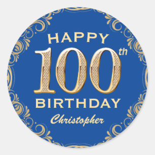 100e Birthday Party Blue en Gold Glitter Lijst Ronde Sticker