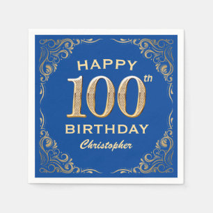 100e Birthday Party Blue en Gold Glitter Lijst Servet