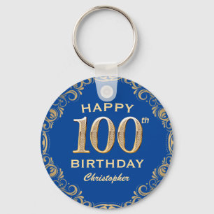 100e Birthday Party Blue en Gold Glitter Lijst Sleutelhanger