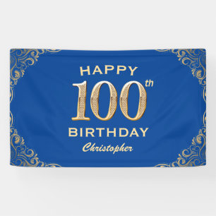100e Birthday Party Blue en Gold Glitter Lijst Spandoek