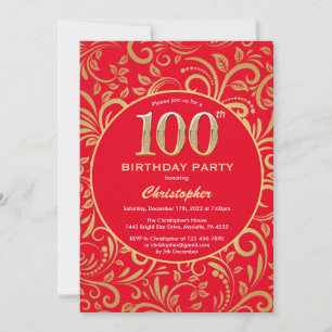 100e Birthday Red en Gold Floral Pattern Kaart