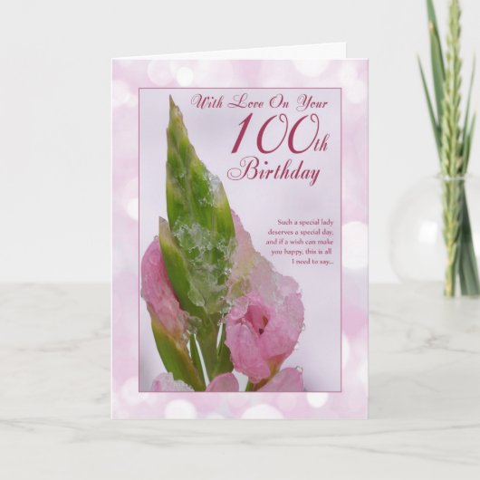 100e Carte Anniversaire Avec Fleur Rose Et Glace (Devant)