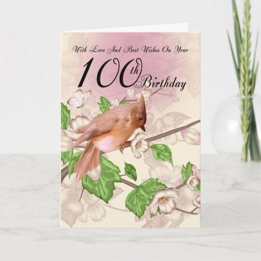 100e Carte Anniversaire Avec Oiseau Et Fleur (Devant)