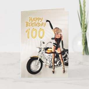 100e carte d'anniversaire avec une fille de moto