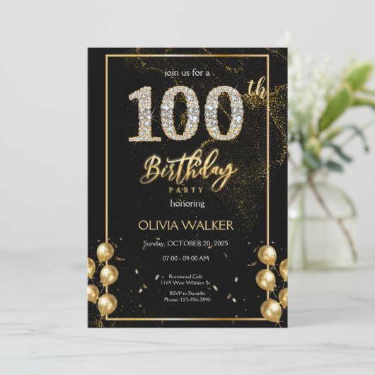 100e Diamond Zwart en Goud Verjaardag Kaart (Staand voorkant)