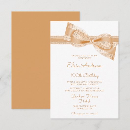 100e Eeuwige Perzik Bow & Ribbon Verjaardag Kaart (Voorkant / Achterkant)