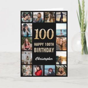 100e Happy Birthday Black en Gold Photo Collage Kaart