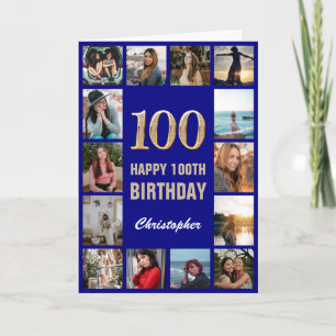 100e Happy Birthday Navy Blue Gold Photo Collage Kaart