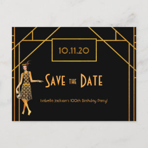 100e verjaardag art deco Gatsby save the date Briefkaart