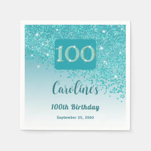 100e Verjaardag  Blauwgroen Blue Glitter servetten