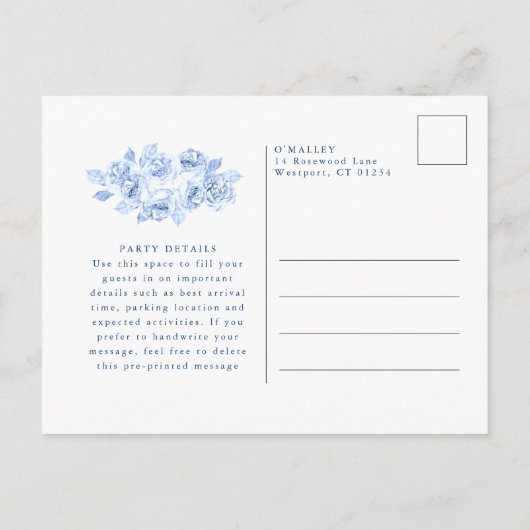 100e verjaardag Dinner Party Blauwe Bloemen Uitnodiging Briefkaart (Achterkant)